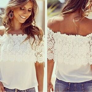White sheer chiffon Floral Lace Off-Shoulder Blouse XSmall xs